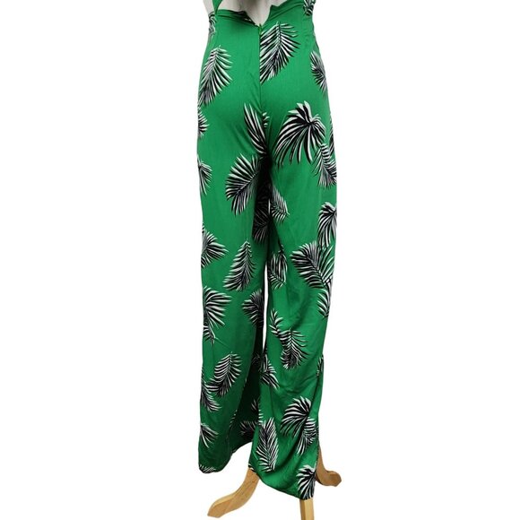 Jumper Women's Small Sleeveless Halter Tie Neck Wide Leg Green Tropical Print - Picture 9 of 9